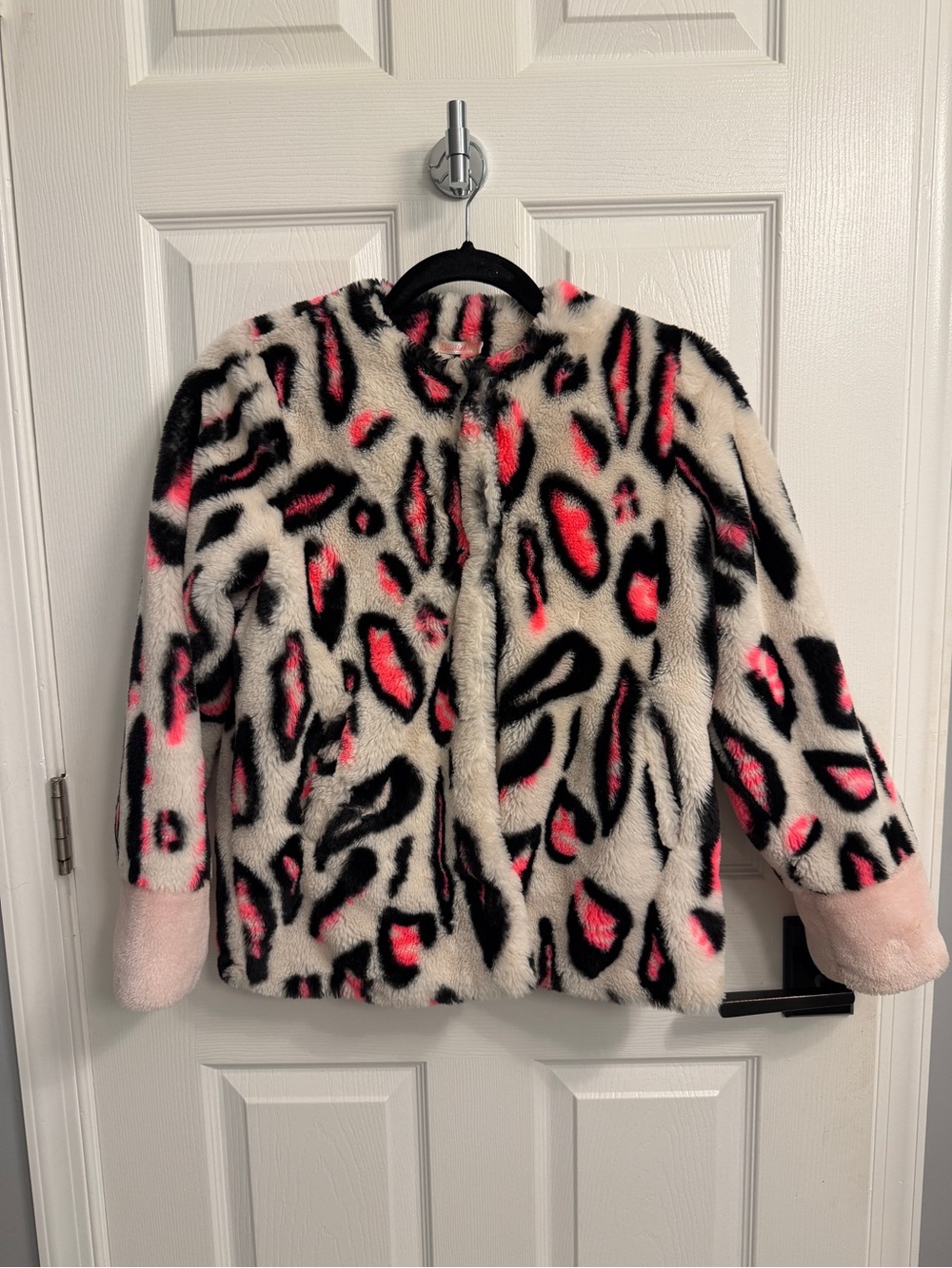 Billieblush Girls Faux Fur Leopard Pea Coat in Cream, Black & Pink